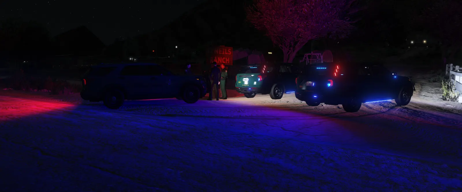 Units on scene at O'Neil's Ranch at night under red and blue lights